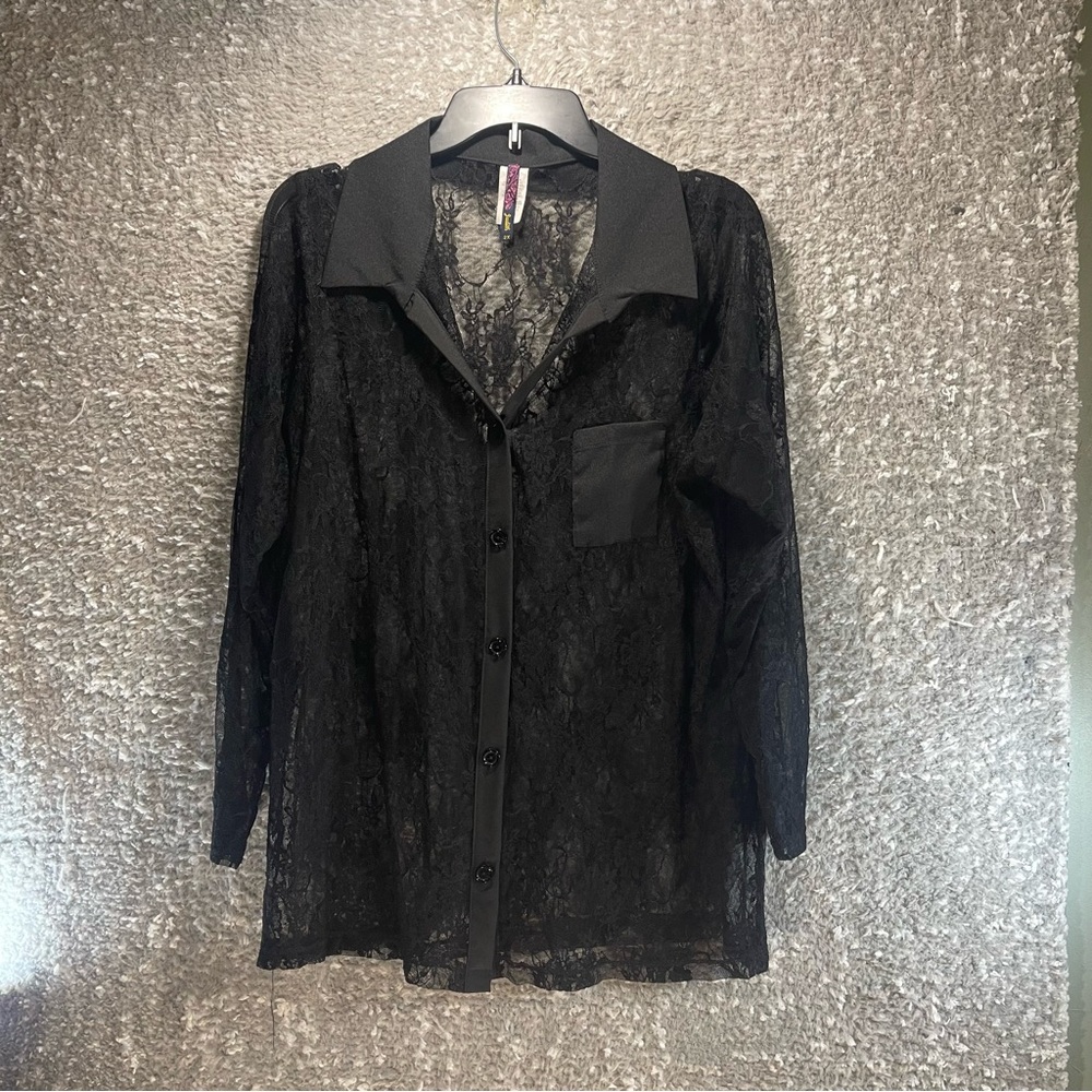 Judith Women Black  Long Sleeve Button Up Shirt Lace Sheer 2X Classic Preppy